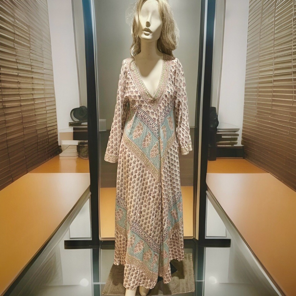 𝗦𝗢𝗟𝗗 SIMRANE Paris ‘Kate Dress’ Elegant Blockprint 100% Cotton Maxi Dress - Picture 5 of 14